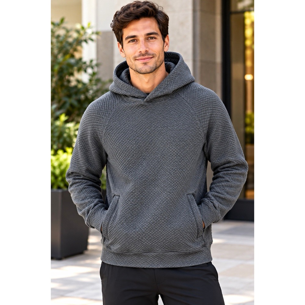 lululemon Men Gray Textured Double-Knit Cotton Pullover Hoodie LM3EOZS S